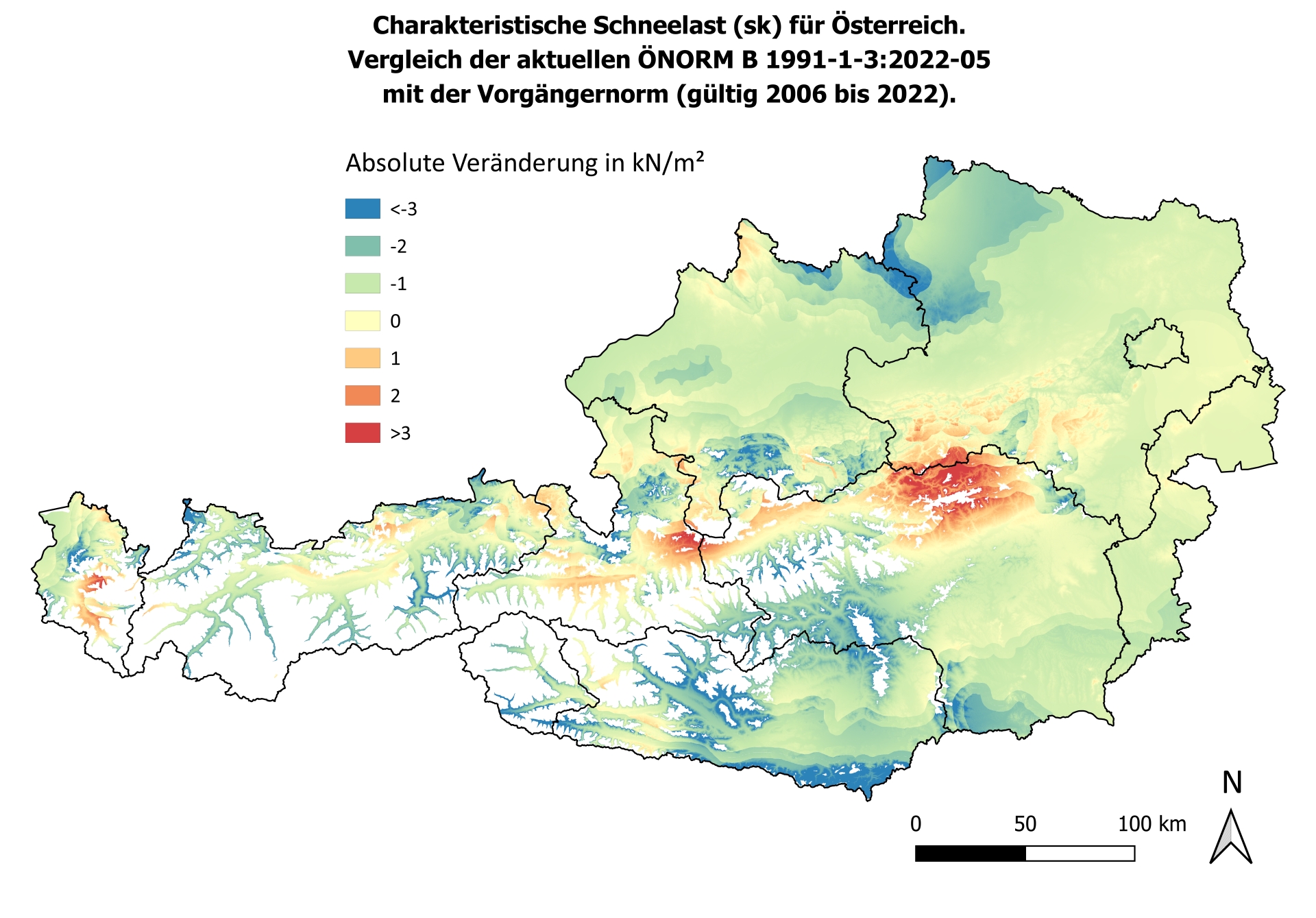 Differenz (absolut) zwischen den Schneelastkarten von 2018 und 2022