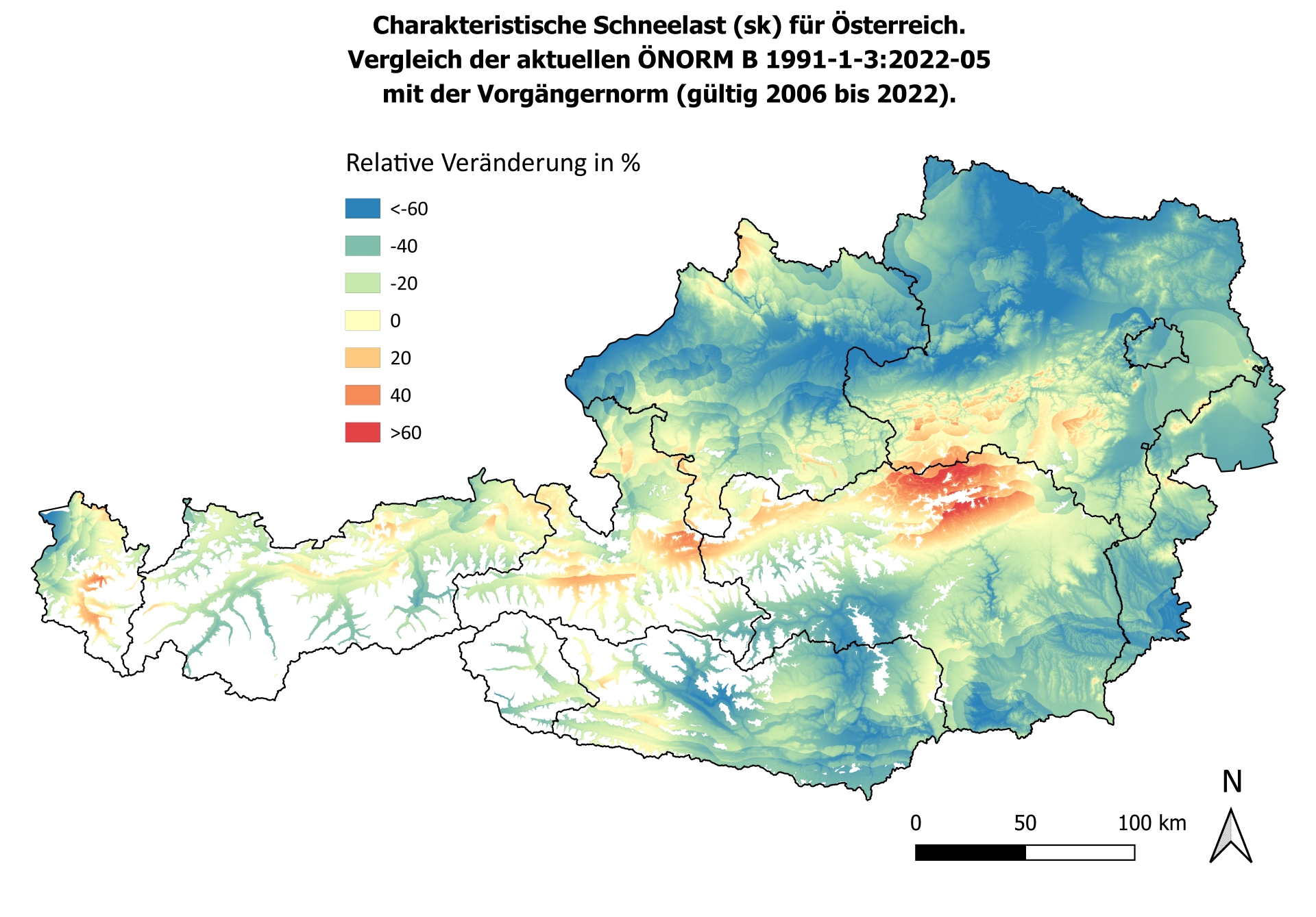 Differenz (relativ) zwischen den Schneelastkarten von 2018 und 2022