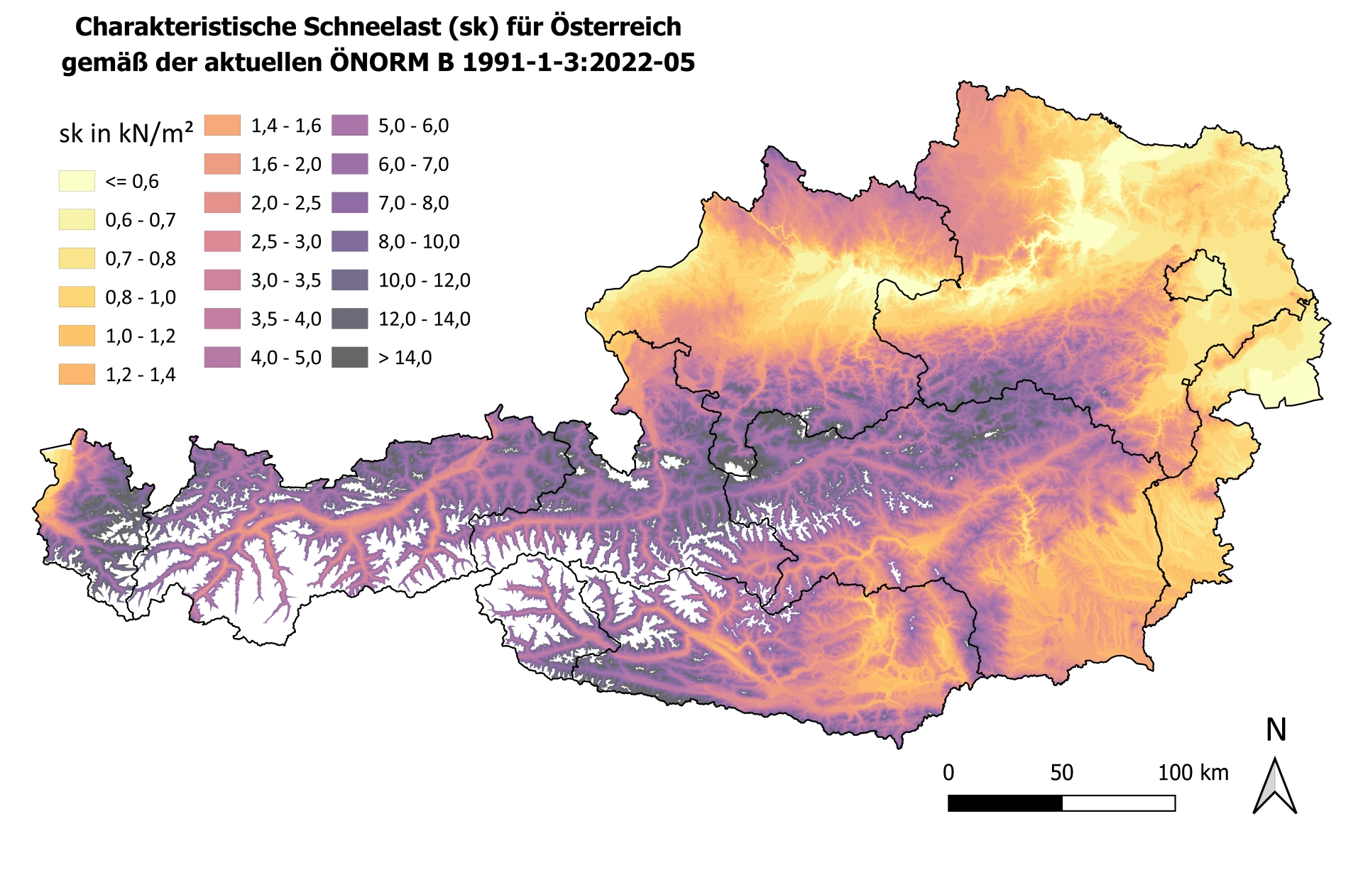 Karte der charakteristischen Schneelast für Österreich gemäß ÖNORM B 1991-1-3:2022-05